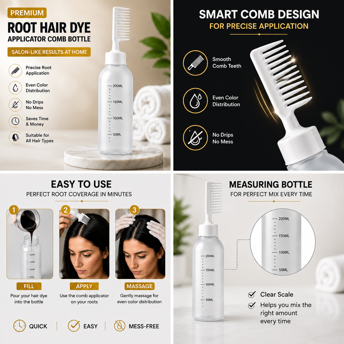 Premium Root Hair Dye Applicator Comb Bottle