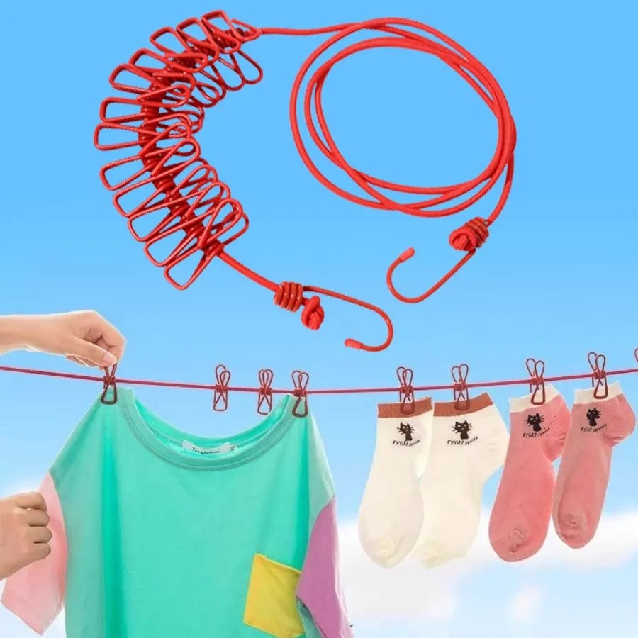 Clothes Drying Rope With Clips & Hooks